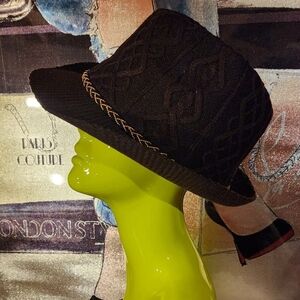 Brown Knit Fedora Hat with Gold Braided Detail